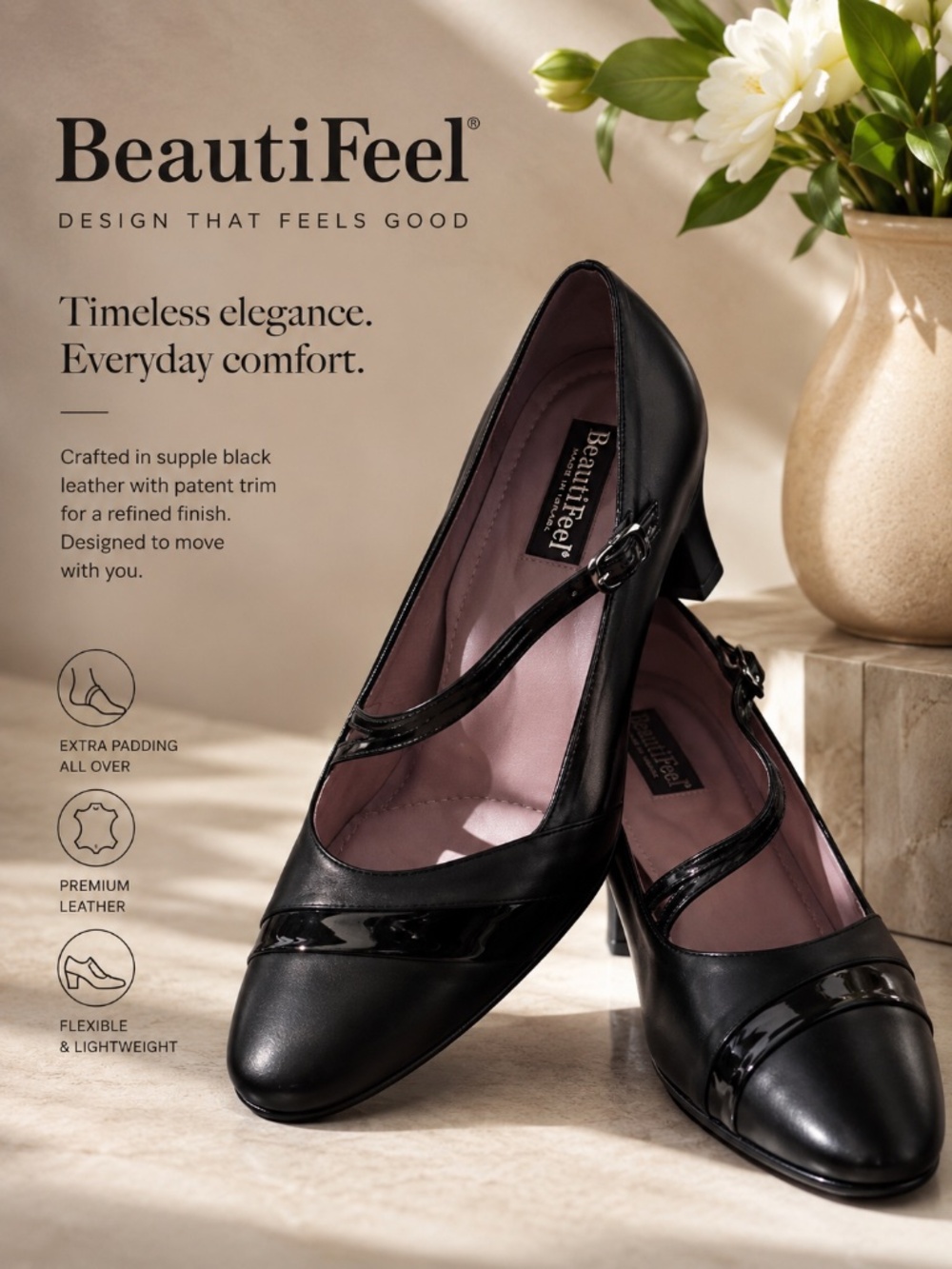 BeautiFeel Black Leather Mary Jane Heels with Patent Trim – Size 38 / US 7.5–8